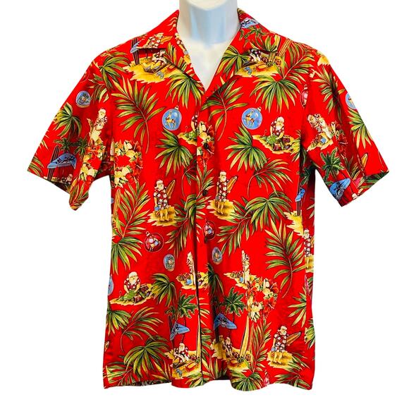 RJC Christmas Tropical Island Surfing Santa Hawaiian Aloha Shirt Size L - Picture 1 of 5